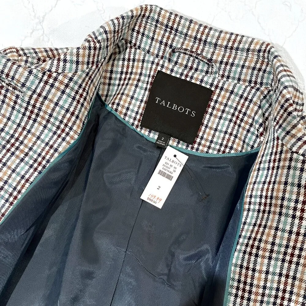 NWT Talbots Check Plaid Coat Ivory Aqua Camel Navy Brown Size 2 - Picture 4 of 7